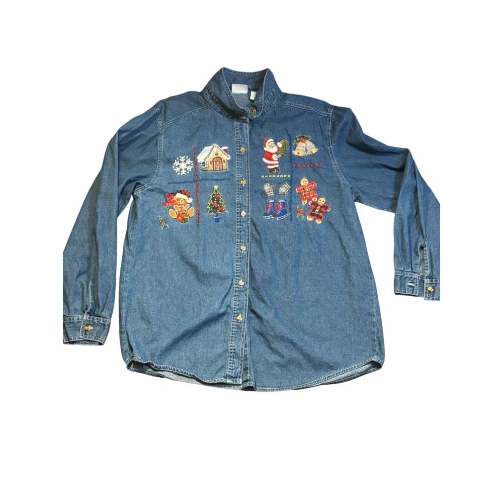 Vintage embroidered Christmas novelty print bobbie‎ brooks button up women sz xl